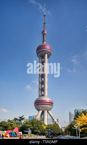 1 December 2018: Shanghai, China - Oriental Pearl Tower in the Pudong district, a radio and TV broadcasting tower which is also an observation tower a Stock Photo