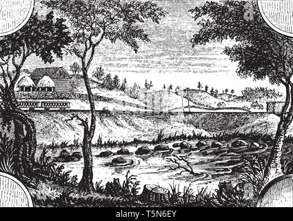 Place where the British crossed the river,vintage line drawing or engraving illustration Stock Vector