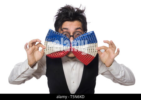 Funny man wearing giant bow tie Stock Photo