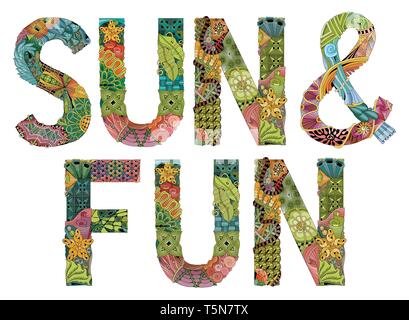 Hand-painted art design. Hand drawn illustration words SUN and FUN for t-shirt and other decoration Stock Vector
