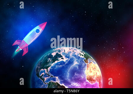 Rocket Fly Over Rocket fly over the earth - 3d Flyer template Stock Photo - Alamy