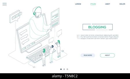 Blogging - line design style isometric web banner Stock Vector