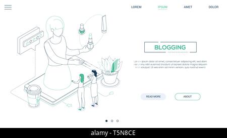 Blogging - line design style isometric web banner Stock Vector