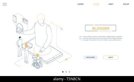 Blogging online - line design style isometric web banner Stock Vector