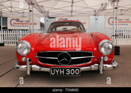 Front view of a beautiful red 1954 Mercedes-Benz  300SL Gullwing  which will be for sale in the 2029 Silverstone Classic Car Auction Stock Photo