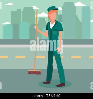 street sweeper man profession labour day vector illustration Stock Vector