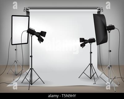 Realistic photo studio set up with lighting equipment and white backdrop Stock Vector