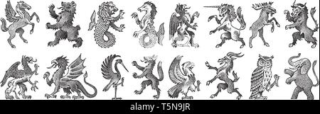 Animals for Heraldry in vintage style. Engraved coat of arms with birds, mythical creatures, fish, dragon, unicorn, lion. Medieval Emblems and the Stock Vector