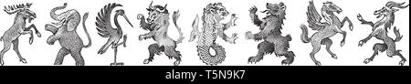 Animals for Heraldry in vintage style. Engraved coat of arms with birds, mythical creatures, fish, dragon, unicorn, lion. Medieval Emblems and the Stock Vector