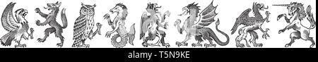 Animals for Heraldry in vintage style. Engraved coat of arms with birds, mythical creatures, fish. Medieval Emblems and the logo of the fantasy Stock Vector