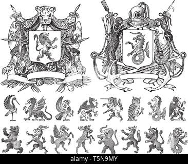 Heraldry in vintage style. Engraved coat of arms with animals, birds, mythical creatures, fish, dragon, unicorn, lion. Medieval Emblems and the logo Stock Vector