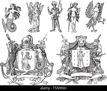 Heraldry in vintage style. Engraved coat of arms with animals, birds, mythical creatures, fish, dragon, unicorn, lion. Medieval Emblems and the logo Stock Vector