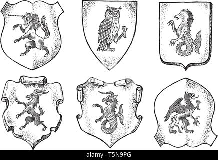 Heraldry in vintage style. Engraved coat of arms with animals, birds, mythical creatures, fish. Medieval Emblems and the logo of the fantasy kingdom. Stock Vector