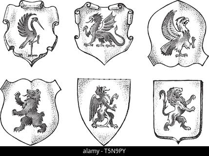 Heraldry in vintage style. Engraved coat of arms with animals, birds, mythical creatures, fish. Medieval Emblems and the logo of the fantasy kingdom. Stock Vector