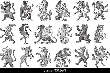 Animals for Heraldry in vintage style. Engraved coat of arms with birds, mythical creatures, fish, dragon, unicorn, lion. Medieval Emblems and the Stock Vector