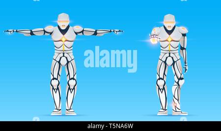 Cyborg is a man with artificial intelligence, AI. Humanoid Robot character shows gestures. Stylish android male, futuristic vector illustration in Stock Vector