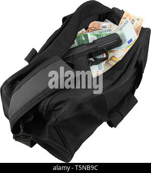 Loot from bank robbery. Sports bag full of money with gun - isolated Stock Photo