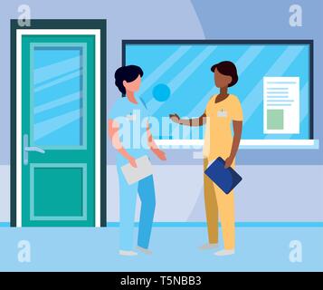 interracial female medicine workers in hospital reception vector illustration design Stock Vector