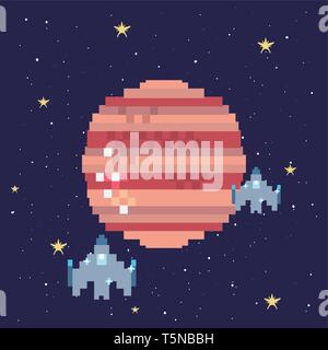 rocket spaceship planets video game retro vector illustration design Stock Vector
