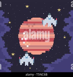 rocket spaceship planets video game retro vector illustration design Stock Vector
