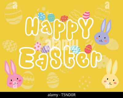 Happy Easter holiday card with silhouette Easter eggs and rabbit head on yellow background. Stock Vector