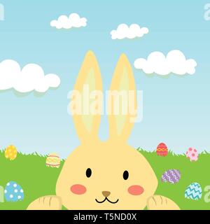 cute rabbit is looking and searching for colorful easter eggs on green grass garden. Stock Vector