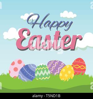 Happy Easter card with colorful easter eggs on green grass garden. Stock Vector