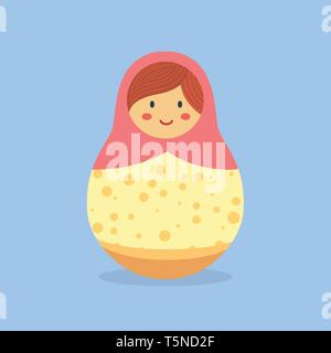 Cute Russian doll matryoshka with pink hood and dotted orange costume on blue background. Stock Vector