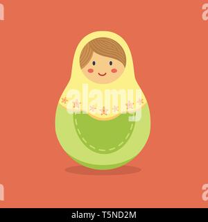 Russian doll Matryoshka with yellow hood and green costume on red orange background. Stock Vector