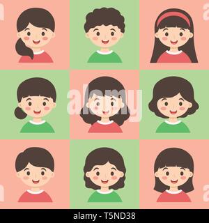 Cute kids face avatar cartoon character with different hair style vector illustration set Stock Vector