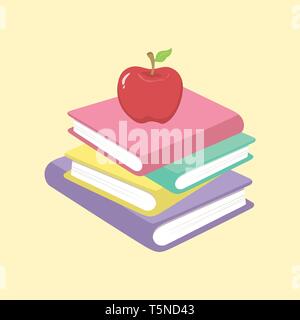 Vector illustration of Stack of Books and Apple School Supplies isolated on cream background. Stock Vector