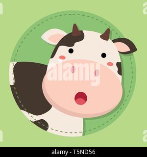 Cute Cow Moo Face Cartoon on Green Circle Background vector illustration Stock Vector