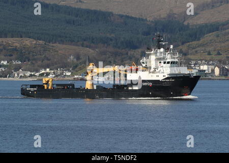 SD Northern River, a support vessel operated by Serco Marine Services, manoeuvering off Gourock at the start of Exercise Joint Warrior 19-1. Stock Photo