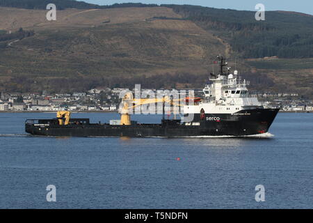 SD Northern River, a support vessel operated by Serco Marine Services, manoeuvering off Gourock at the start of Exercise Joint Warrior 19-1. Stock Photo