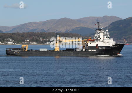 SD Northern River, a support vessel operated by Serco Marine Services, manoeuvering off Gourock at the start of Exercise Joint Warrior 19-1. Stock Photo