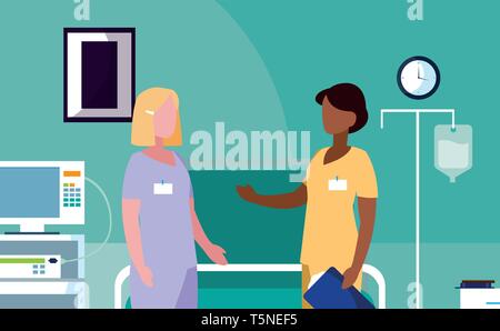 interracial female medicine workers in operating theater vector illustration design Stock Vector