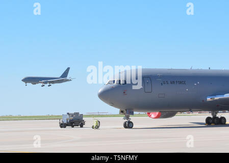 A KC-46A Pegasus lands April 20, 2019, at McConnell Air Force Base, Kan. This is the fifth KC-46 to be delivered to McConnell. It is the first Pegasus delivery to have an aircrew composed of both active duty and reserve pilots from the 22nd and 931st Air Refueling Wings. (U.S. Air Force photo by Airman 1st Class Alexi Myrick) Stock Photo