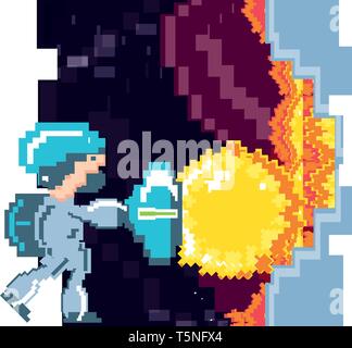 video game avatar with fire balls pixelated vector illustration design Stock Vector