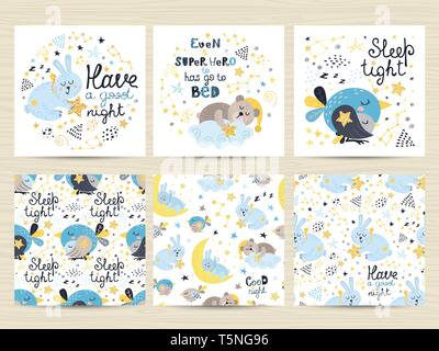 Set of seamless patterns and cards for small boys Stock Vector