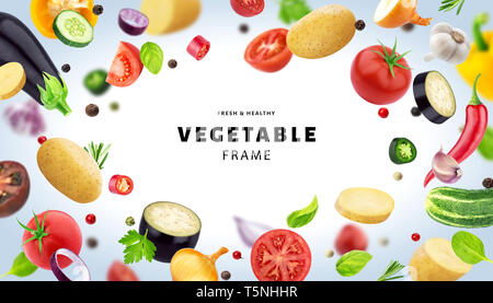 Vegetable isolated on white background, frame made of different flying vegetables, herbs and spices, with copy space, fresh and healthy food template Stock Photo