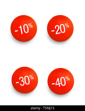 Sale tags with different discounts. Red color tags against white background with a soft shadow Stock Photo