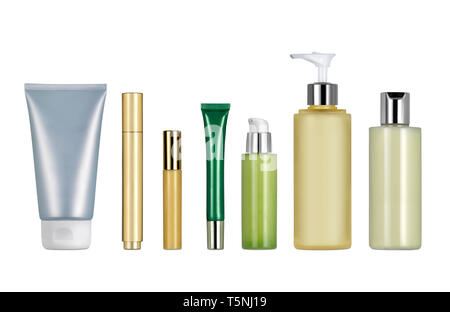 Different cosmetics and creams containers against white background. Clipping path Stock Photo