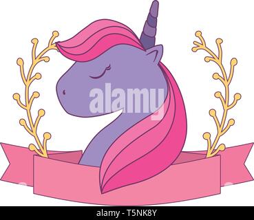 head of cute unicorn with ribbon and branches of leafs vector illustration design Stock Vector
