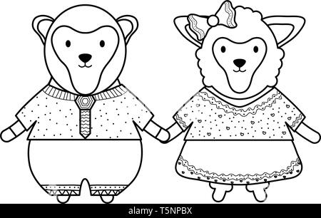 cute monkeys couple childish characters vector illustration design Stock Vector