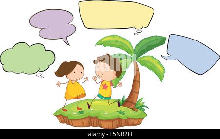 Kids on island with speech bubbles illustration Stock Vector