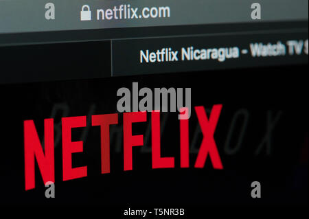 New york, USA - april 22, 2019: Netflix home page on laptop screen close up Stock Photo