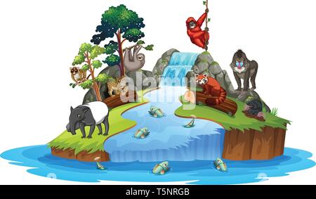 Animals on island scene illustration Stock Vector