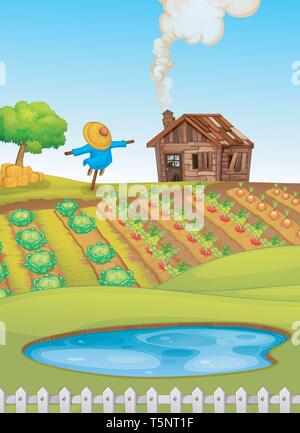 Farm scene with crops and scarecrow illustration Stock Vector Image ...
