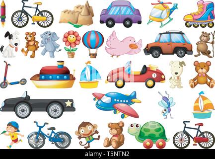 Collection of children's toys on white illustration Stock Vector