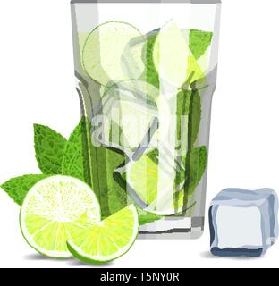 Fresh mojito coctail with lime slices, ice cubes and fresh mint leaves Stock Vector